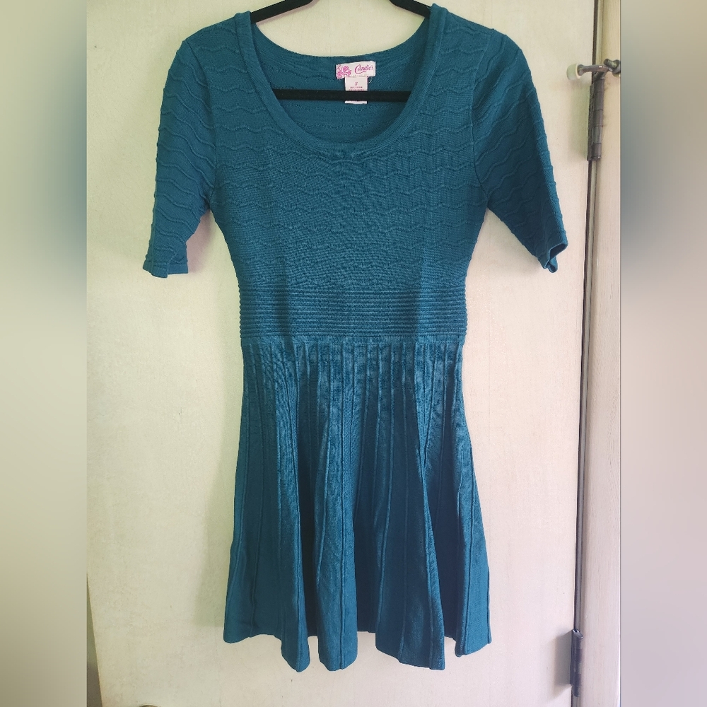 Teal Textured Short Sleeve Sweater Dress